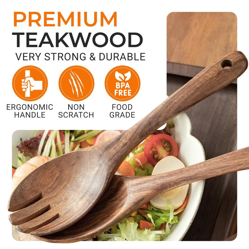 Cheer Collection Teak Wood Salad Spoon and Fork Set with Smooth Finish and Hanging Loop