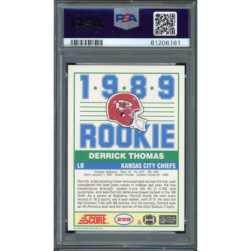 Derrick Thomas 1989 Score Football Rookie Card RC #258 Graded PSA 8 - 8'6" x 11'6"