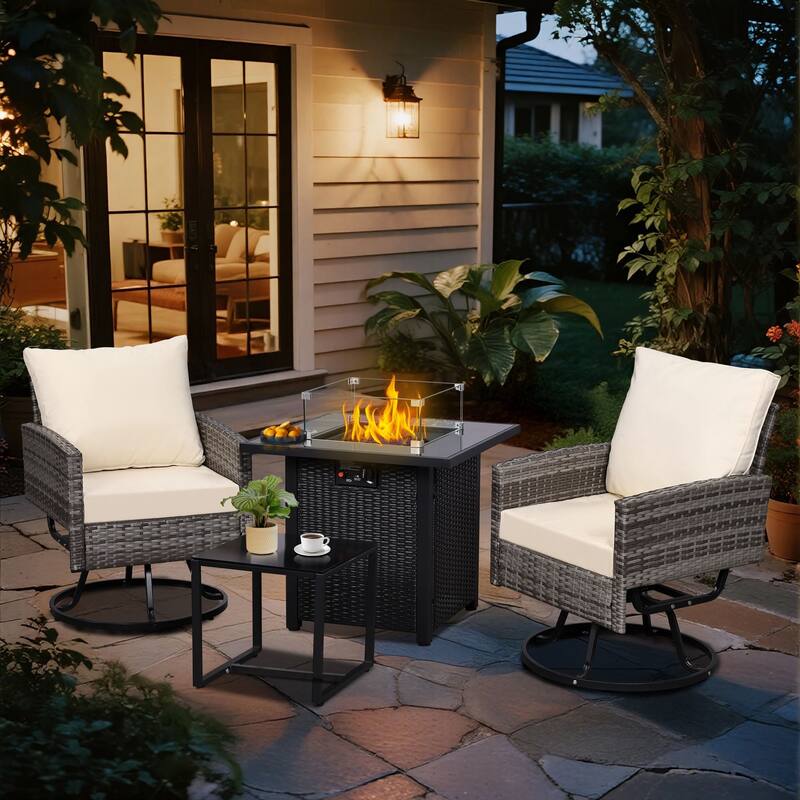 4 PCS Swivel Patio Conversation Set With Square Fire Table