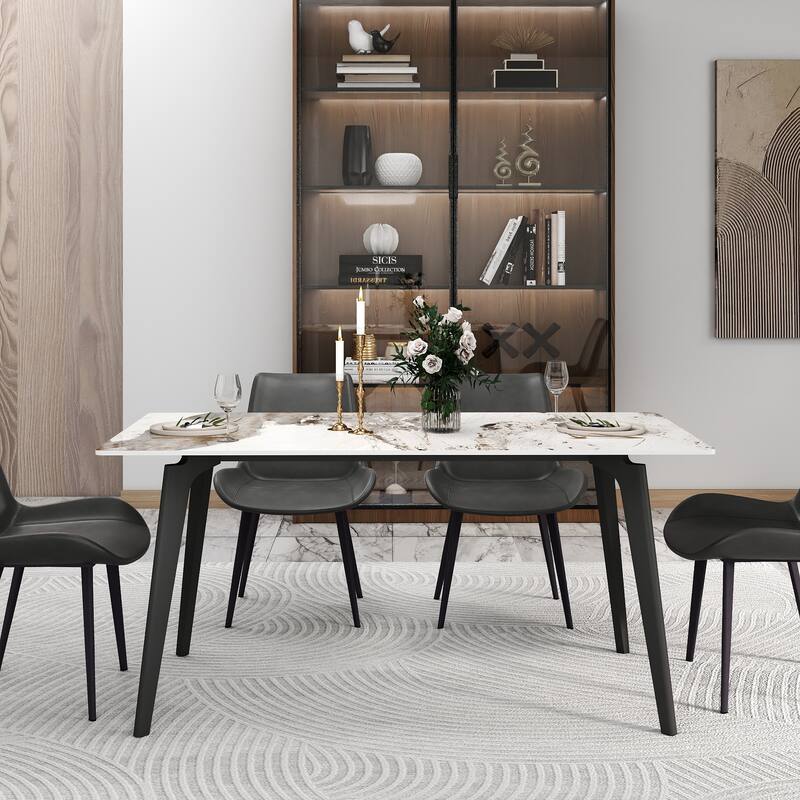 63" Dining Table Set for 6, Sintered Stone Dining Table with Black Legs for Kitchen Dining Room