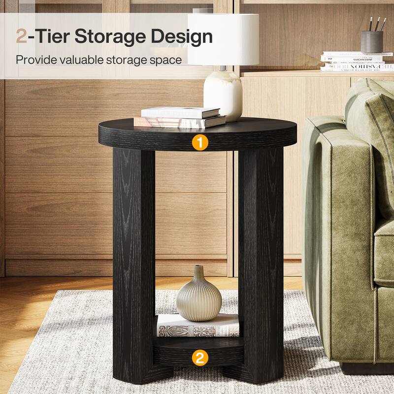 2-Tier Round End Table, Side Accent Snack Table, Living Room Bedroom Bedside Nightstand Furniture