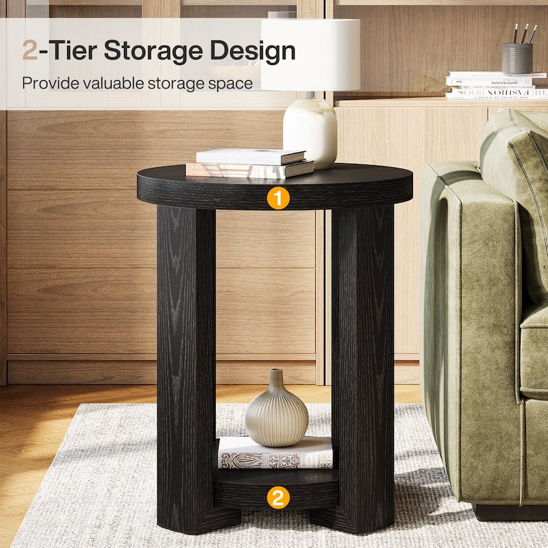 Side Table, 2-Tier Round End Table, Small Bedside Accent Furniture for Living Room, Bedroom