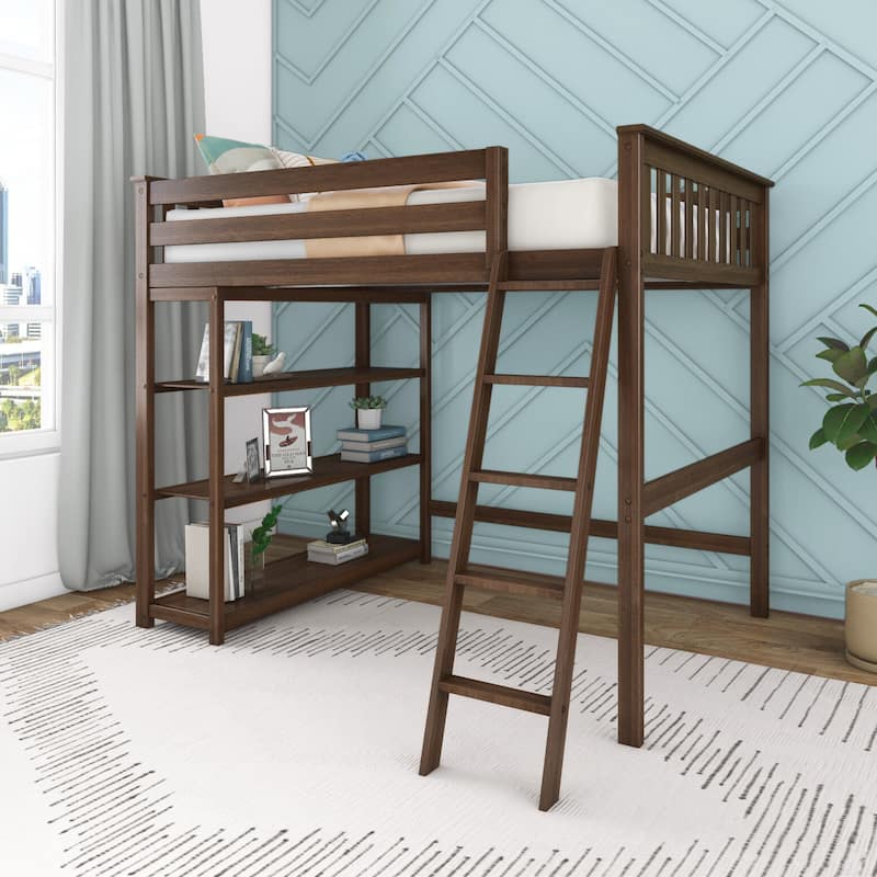 Max and Lily Full-Size High Loft Bed with Bookcase - Walnut