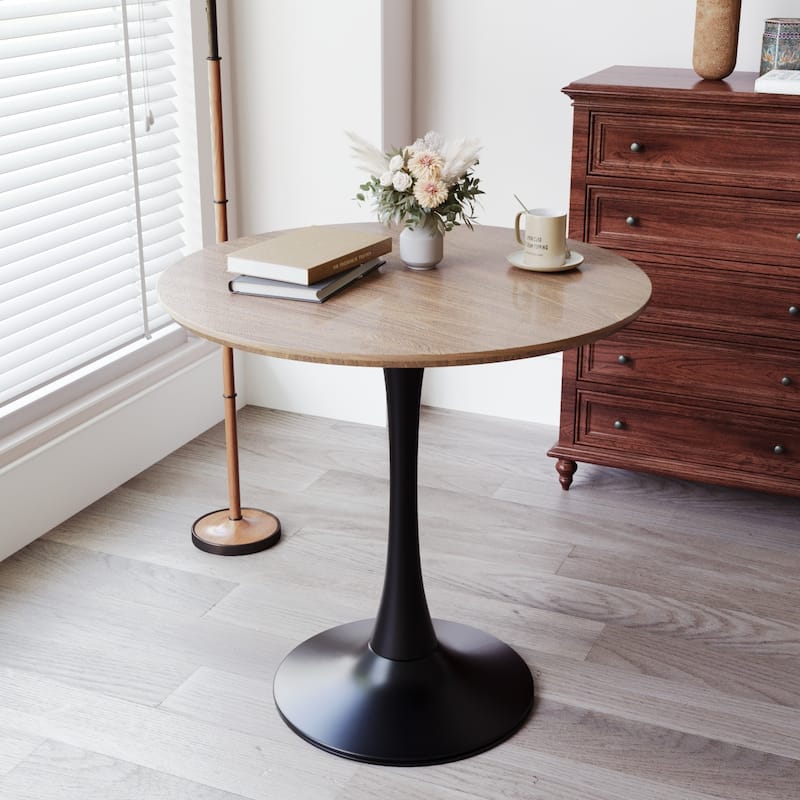 Walnut color Round Dining Table, 31.5" Tulip Table Kitchen Dining Table 2-4 People with MDF Table Top & Pedestal Base - Walnut+black