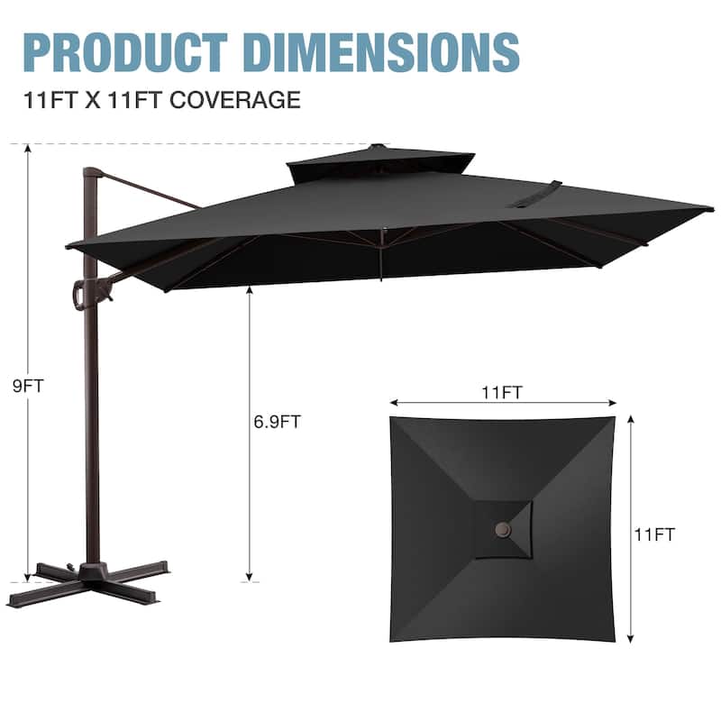 VredHom Dual Top Wind Vent 11x11Ft Offset Cantilever Patio Umbrella