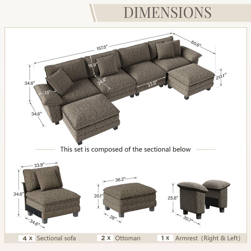 MAISON ARTS Modular Cloud Sectional Sofa, Comfy L- or U-Shaped Couch with Ottomans & Pillows, 4–6 Seat Living Room Sofa