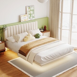 Queen Size Floating Bed Frame with Storage Headboard, Modern Upholstered Platform Bed with Touch Sensor Night Light and USB Charger, Beige