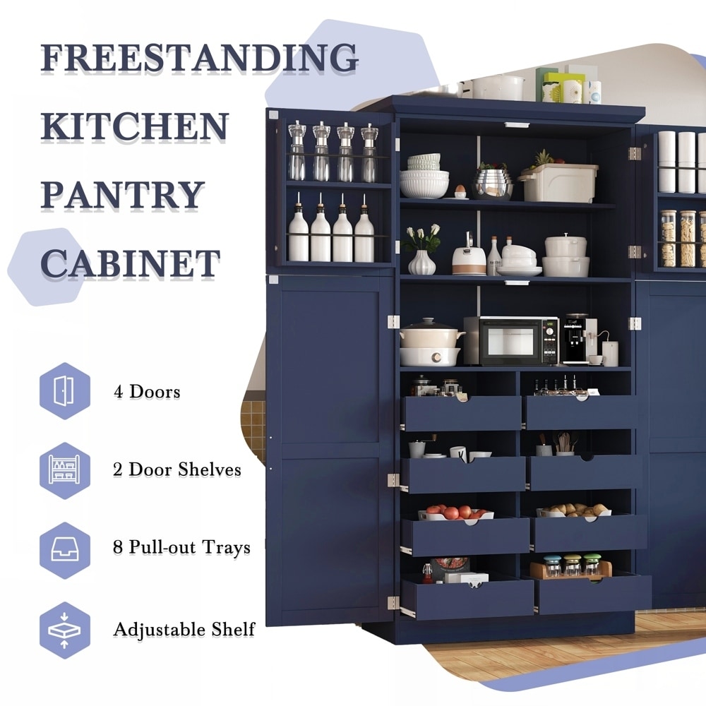 Freestanding Kitchen Pantry Tall Storage Cabinet with 4 Doors and 2 Door Shelves