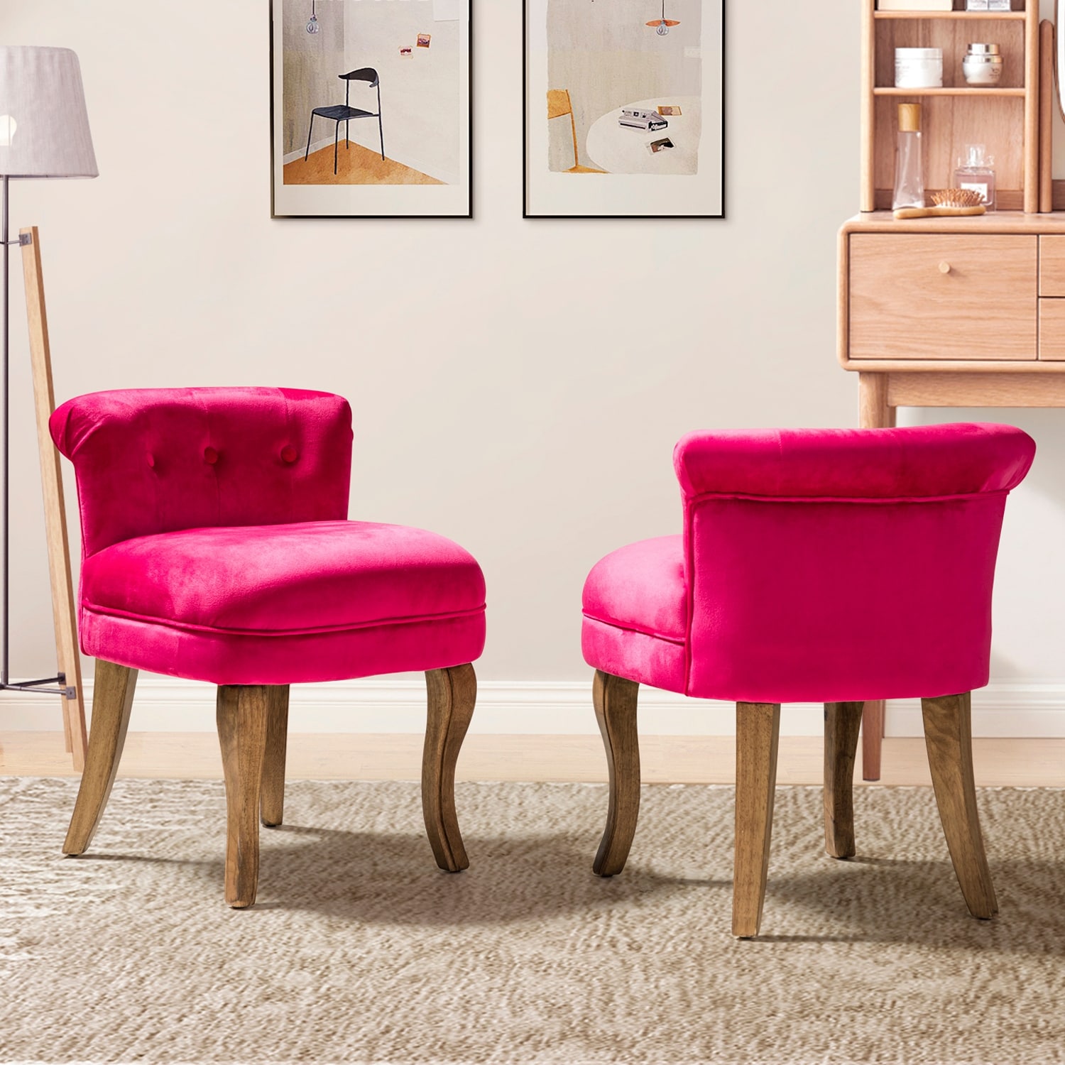 HULALA HOME Xacobo Modern Velvet Tufted Vanity Stool with Wood Legs Set of 2
