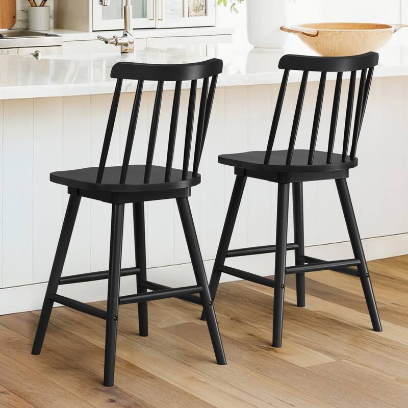 Modern 24″ Windsor Swivel Wooden Counter Height Bar Stool with Ergonomic Back - Black - Set of 2