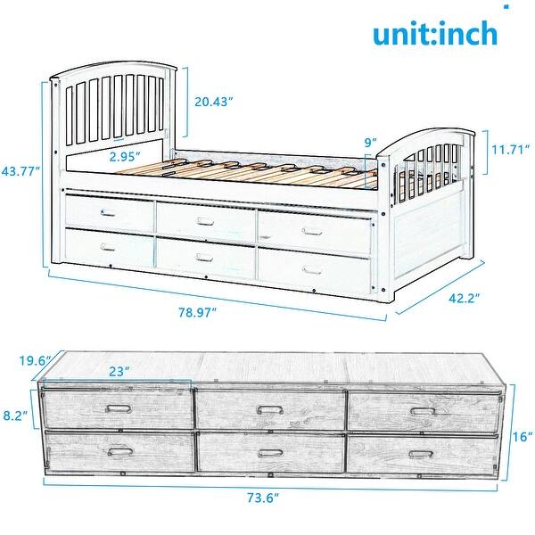 Twin Size Low Loft Bed Storage Bed Solid Wood Bed with 6 Drawers,Paint Surface,Environmentally Friendly Materials,Gray