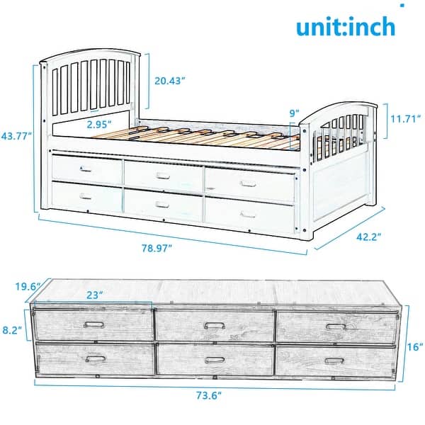 dimension image slide 1 of 2, Twin Size Platform Storage Bed Solid Wood Bed with 6 Drawers,Paint Surface,Environmentally Friendly Materials，Brown