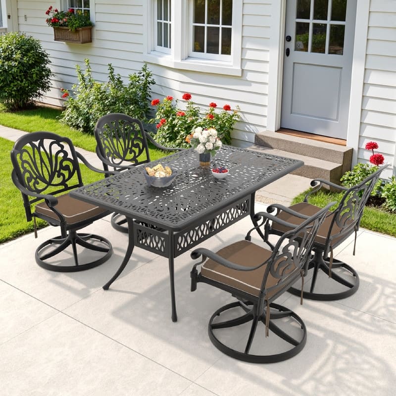 5-Piece Aluminum Rectangular Outdoor Patio Dining Set, 4 Cushioned Swivel Chairs, Table, All-Weather Frames
