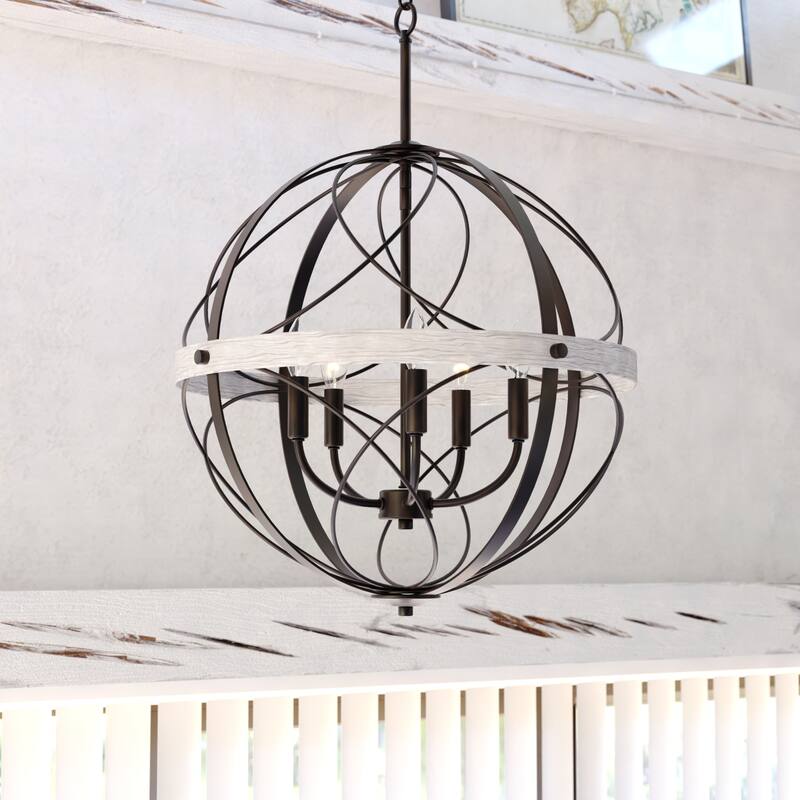 Montclare Black and White Ash Wood Farmhouse Cage Pendant Ceiling Light - 21.25-in W x 30.75-in H x 21.25-in D - Textured Black and White Ash