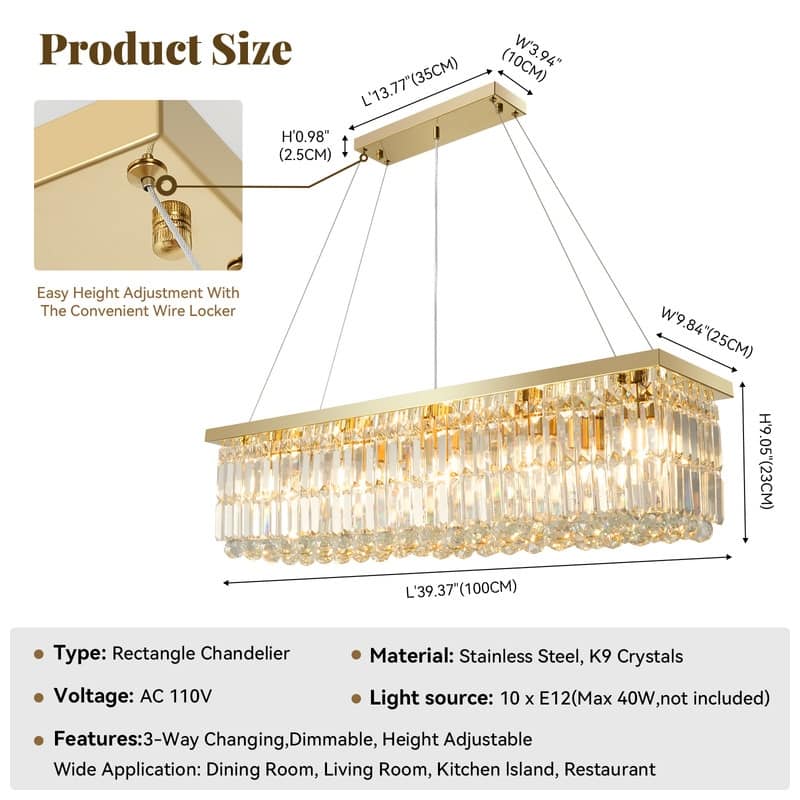 6 lights Rectangle Crystal Chandeliers for Dining Room, 39" Large Linear Water Ripple Glass Island Light Fixture