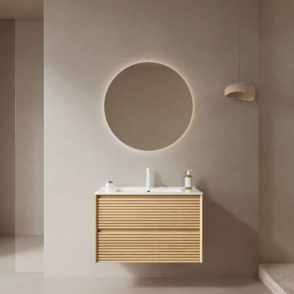 30" Bathroom Vanity with Sink, Wall-Mounted Floating Plywood Bathroom Storage Cabinet with Drawers, White Ceramic Basin