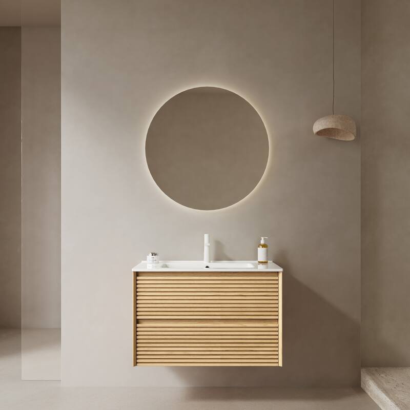 Minimalist Wall Floating Bathroom Vanity Horizontal Stripe Storage Cabinet with Integrated Sink and 2 Soft Close Drawers - Natural - 30 Inch