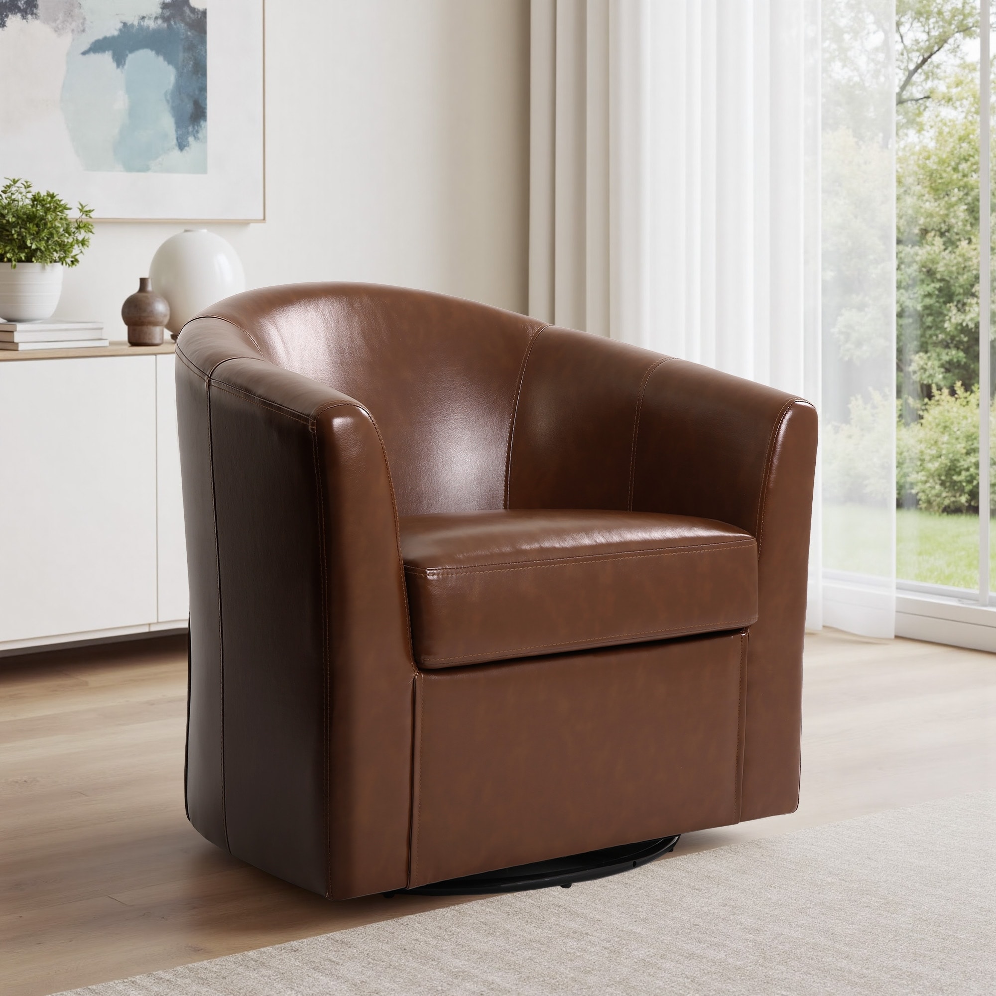 Modern Upholstery Faux Leather Barrel Swivel Chair..