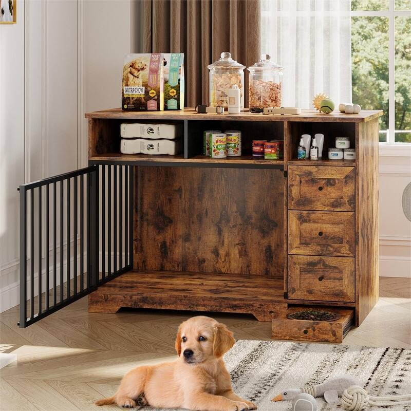 48" Farmhouse Dog Kennel Crate Furniture End Table with Bowl Storage Drawers