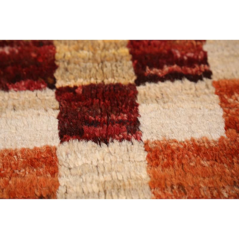 Checkered Orange Moroccan Oriental Area Rug Handmade Wool Carpet - 6'7" x 9'10"