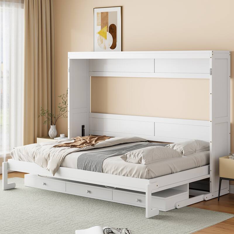 Queen Murphy Bed with Storage & Vanity Desk, Wall Mounted Folding Cabinet Bed with Mirror and Drawers for Small Space