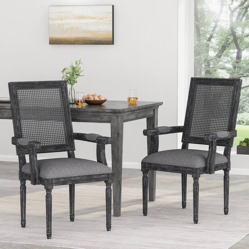 Rustic Set of 2 Bar Stools with Rattan Backrest Foam Cushioned Seat, Solid Wood Frame for Kitchen Island Bar Dining Room - Grey