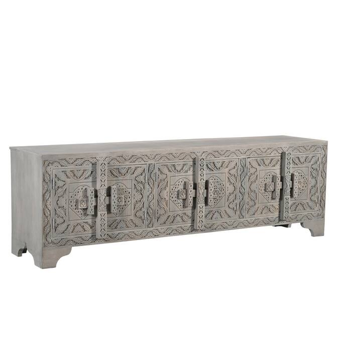 HomeRoots 79" Gray Carved Scrollwork Distressed Solid Wood Enclosed Storage TV Stand - 79' X '24' X '16