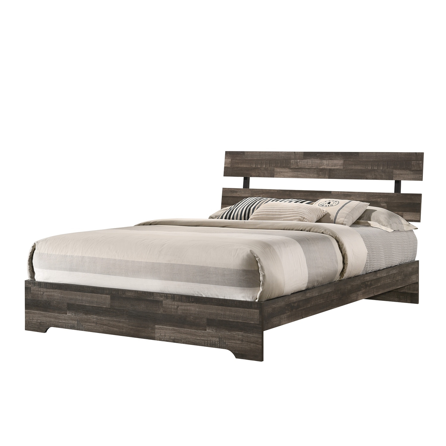 Queen Size Wood Platform Bed with Slat Headboard, Low-Profile Frame and Rustic