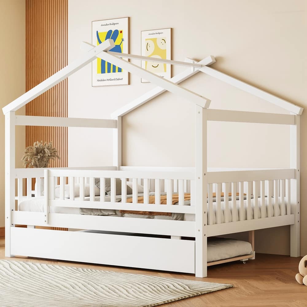 Full Size Wooden House Bed with Twin Size Trundle