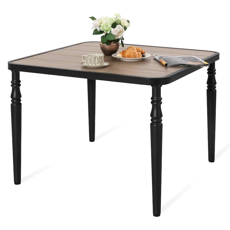 Patio Square Dining Table with Umbrella Hole, Wood-Grain Tabletop