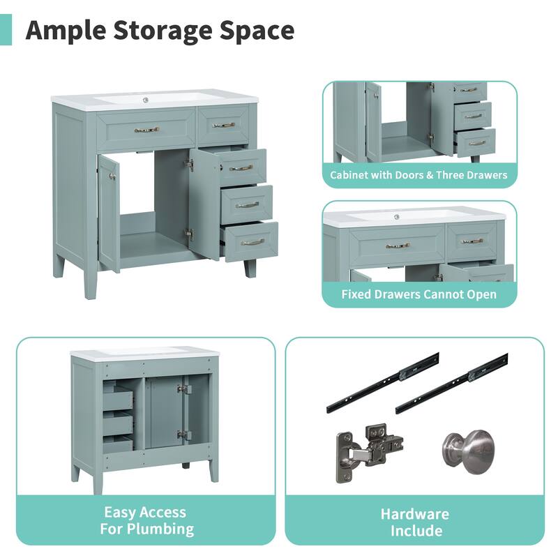 36" Bathroom Vanity with Sink Combo, Green Bathroom Cabinet with Drawers, Solid Frame and MDF Board