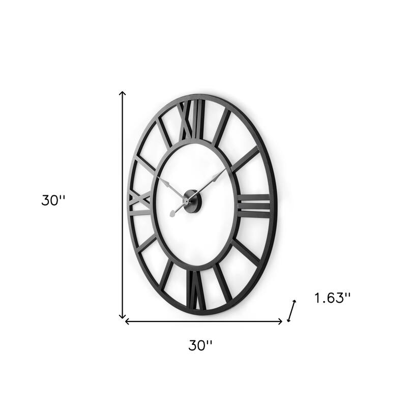 HomeRoots 30" Black Iron Analog Round Wall Clock - 30.00 in. x 30.00 in. x 1.63 in.