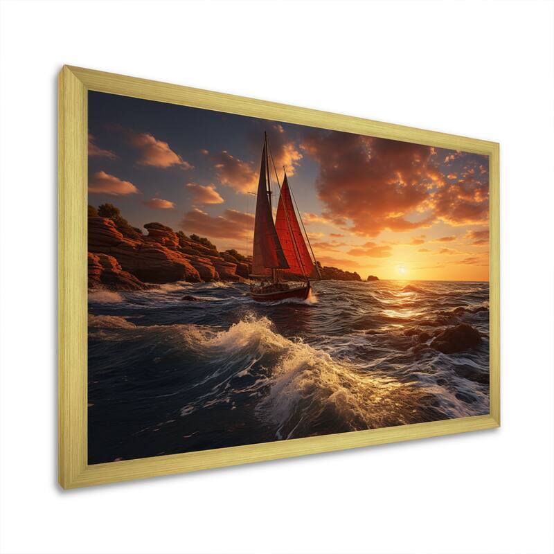 Designart "Spain Sunset Sail I" Nautical & Beach Framed Wall Art Prints