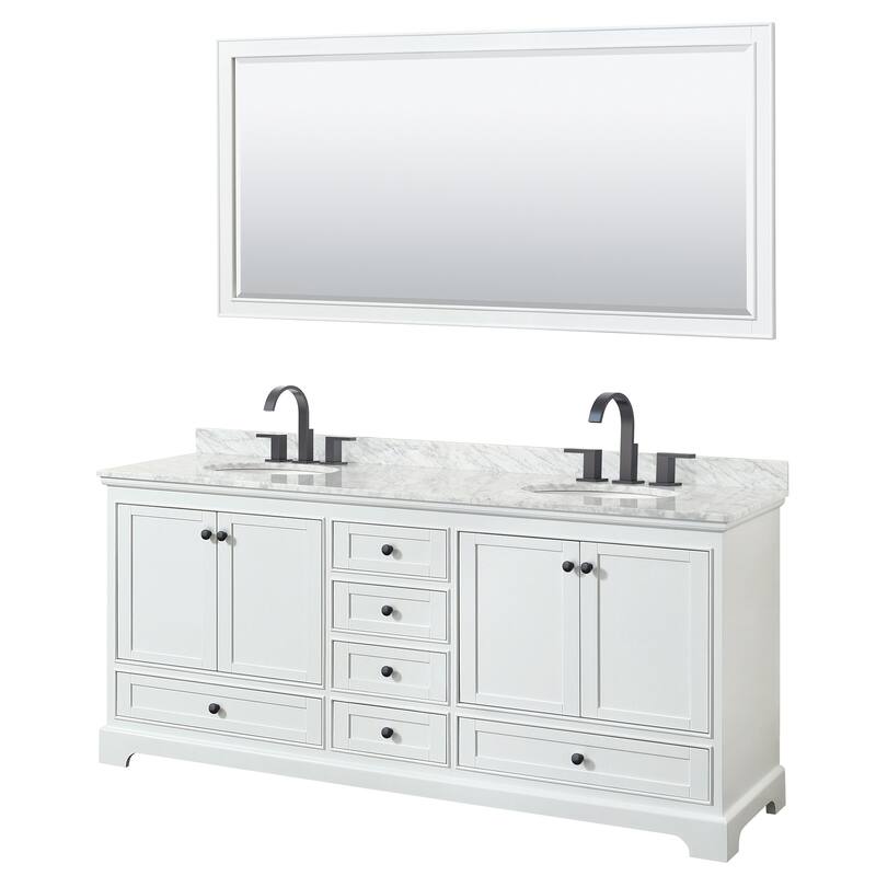 Deborah 80-inch Double Vanity, Oval Sinks, 70-inch Mirror - White, Black Trim, White Carrara Marble Top