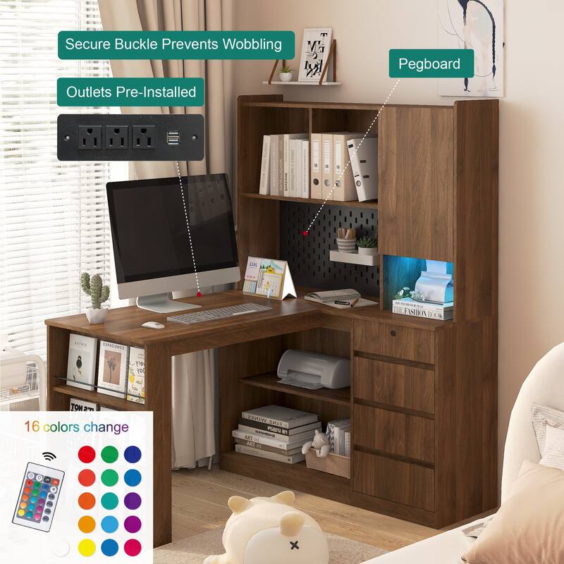 L-Shaped Corner Desk with Charging Station, LED Lights, Bookshelf & Drawers