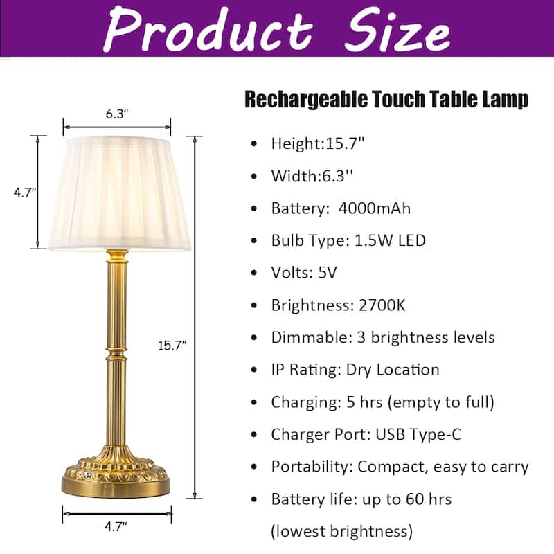 CraftHome 16'' Glam Cordless Table Lamp Touch Control Classic Elegant Dimmable Rechargeable LED Nightstand Lamp - W6"