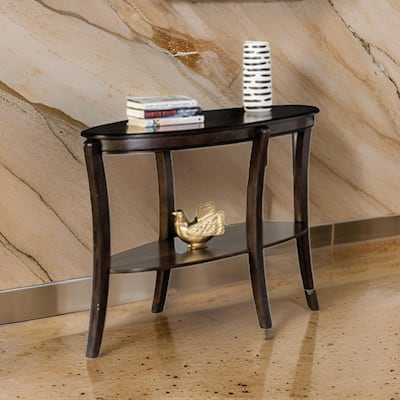 Orio Sofa Table, Open Shelves, 49 Inch Oval Top, Curved Legs, Brown Wood