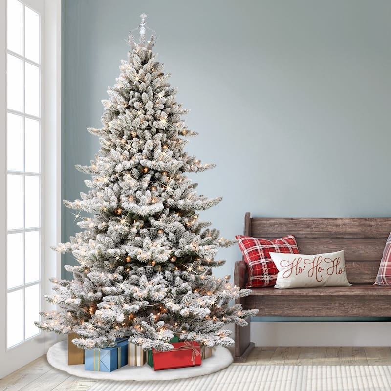 Puleo International 7.5 ft Pre-lit Flocked Royal Majestic Spruce with Silver Crown Artificial Christmas Tree - Green