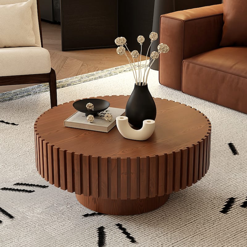 Wooden Handcrafted Relief Round Coffee Table with Sturdy Pedestal