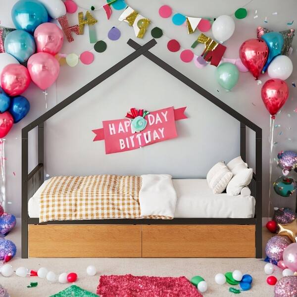 slide 2 of 30, Metal Adorable House Full Size House Bed with Two Drawers,Kids and Baby Black