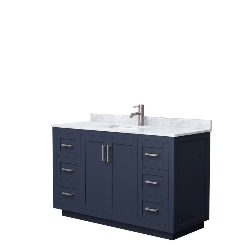 Miranda Single Vanity Set, White Carrara Marble Top, No Mirror - 54-Inch Single - Dark Blue, Nickel Trim, White Carrara Marble Top