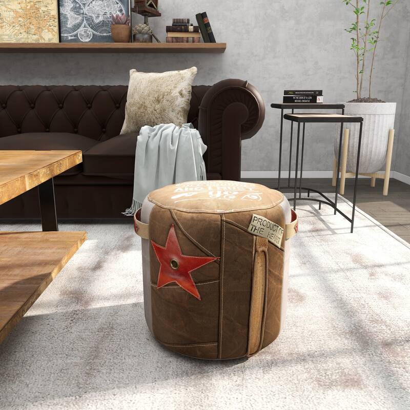 Brown Canvas Pouf with Leather Accents