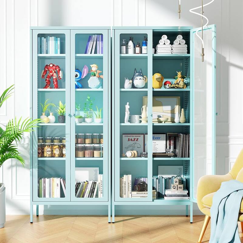 67" Display Curio Glass Metal Storage Cabinet Bookshelves with Glass Doors and 4 Adjustable Shelves