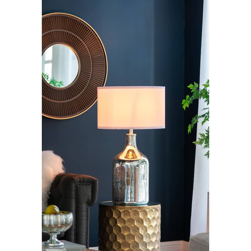 D18x32.2" Silver Round Table Lamp with White Fabric Shade