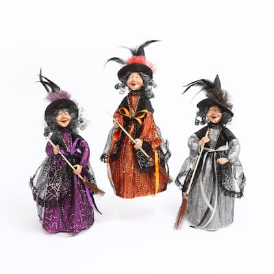Set of 3 Witch Figurines in Silver Purple Orange Dresses
