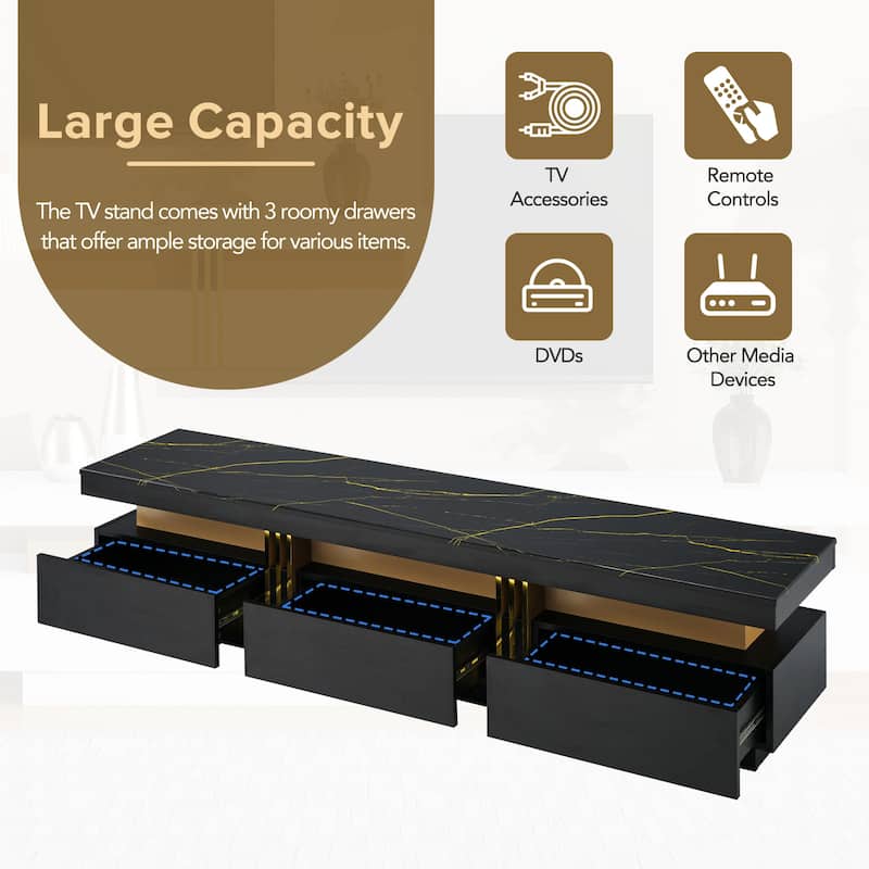 Luxury TV Stand with High Gloss Faux Marble Top for TVs Up to 78'', Rectangle Media Console with Golden Panel.