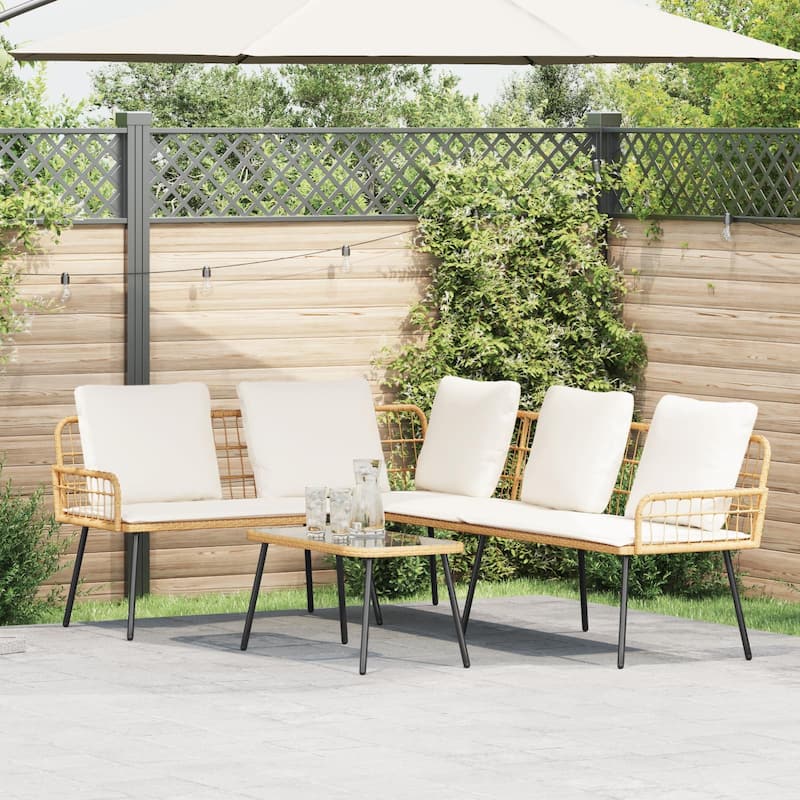 vidaXL L-Shaped Sofa Black/Natural Poly Rattan - Nature and cream white