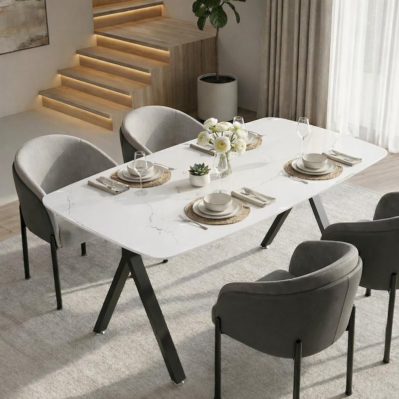 Rectangular dining table featuring a tempered glass tabletop with a marble-patterned design for restaurant dining settings - Black
