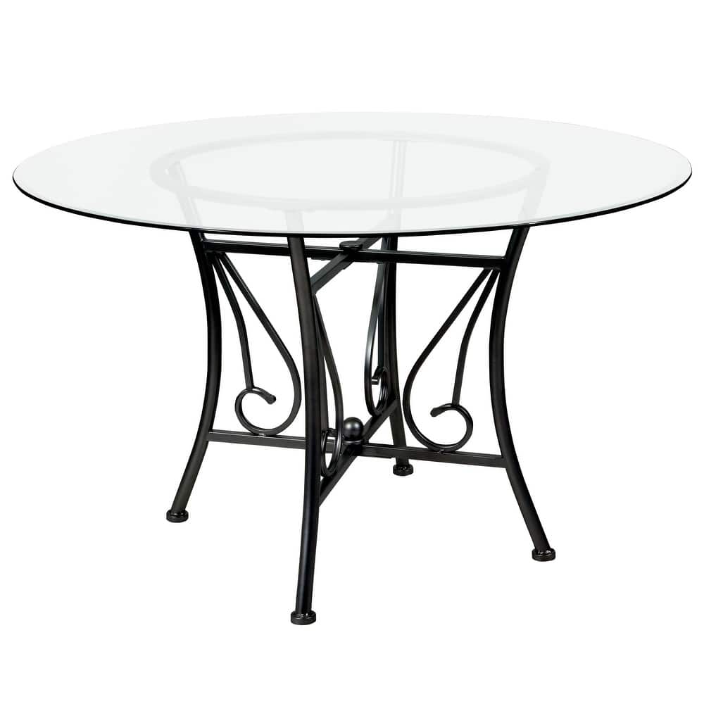 48'' Round Glass Dining Table with Curl Accent Matte Metal Frame - 48"W x 48"D x 29"H - 48"W x 48"D x 29"H