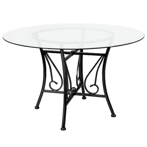 48'' Round Glass Dining Table with Curl Accent Matte Metal Frame - 48"W x 48"D x 29"H